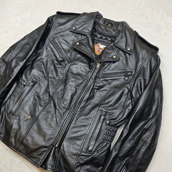 Harley Davidson Leather Motorcycle Jacket Womens Small Black Biker Moto 90's Y2K - Picture 3 of 16